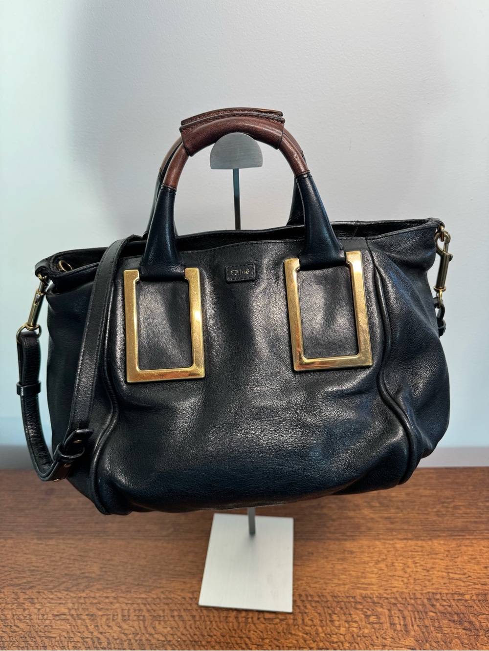 Chloé Vintage Ethel Black Leather Satchel/Crossbody with Gold Hardware with COA